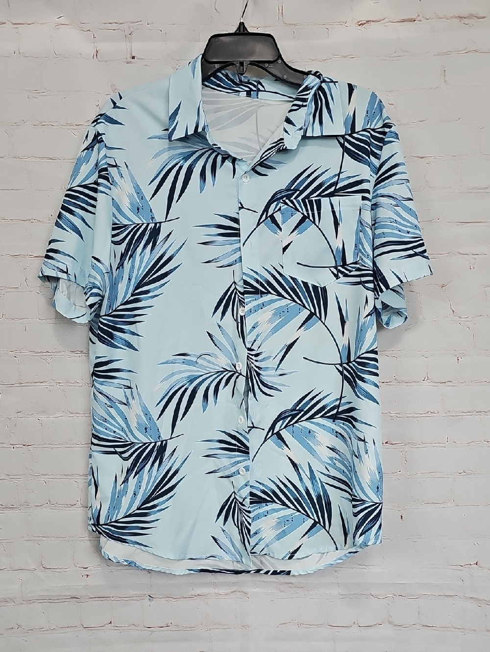 SHEIN Light Blue Tropical Palm Print Short Sleeve Button-Up Shirt